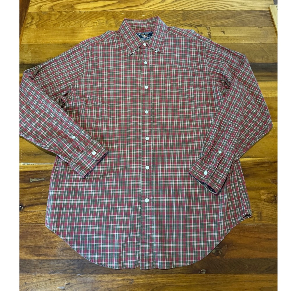 American Living Mens Large Red Green Plaid Button Down Shirt 100% Cotton L